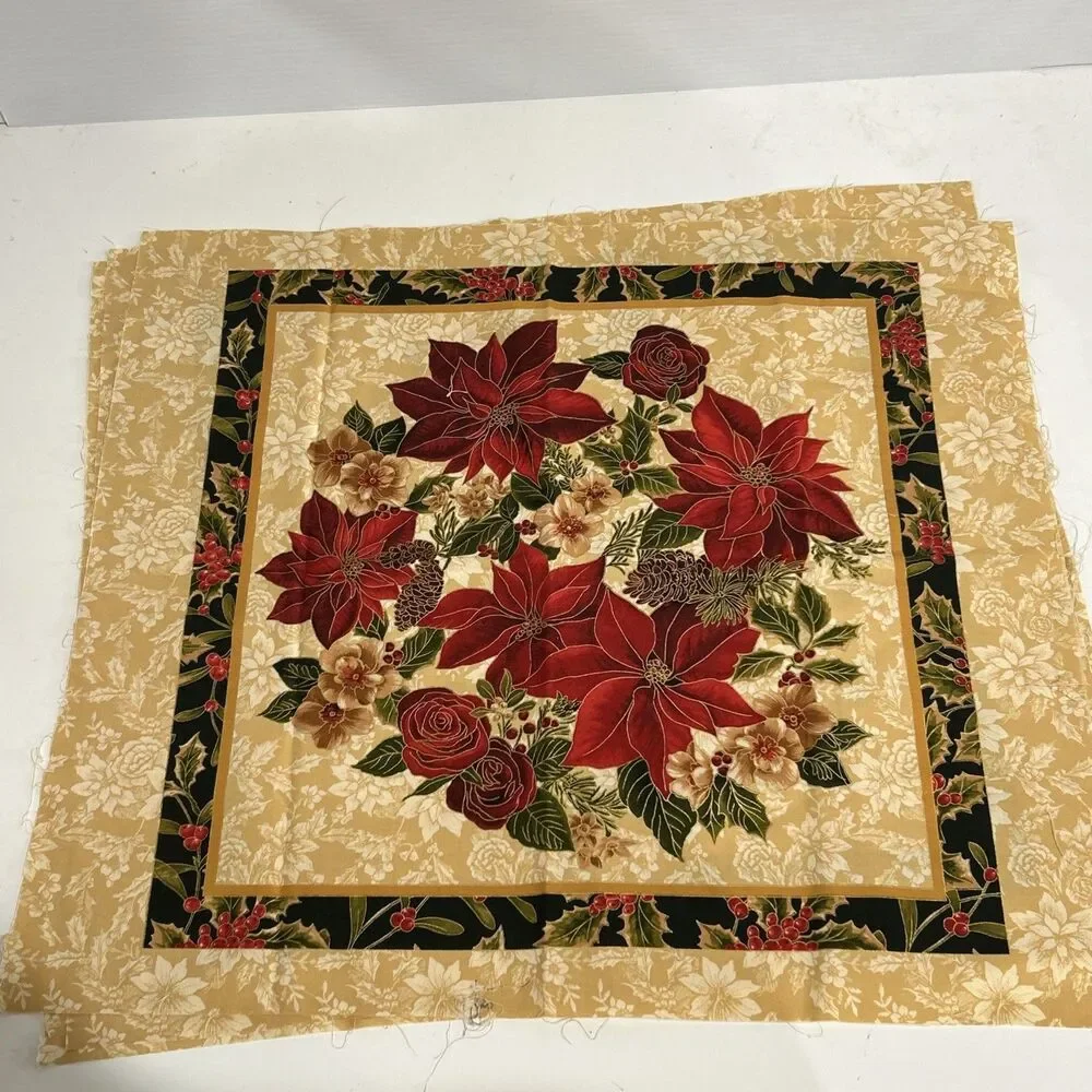 4 Christmas Poinsettia Pillow Cotton Quilting Fabric Panels Cut Out 20